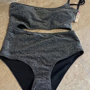 PINK Victorias Secret Size Medium Sparkly Black One-Shoulder Swimsuit (New)